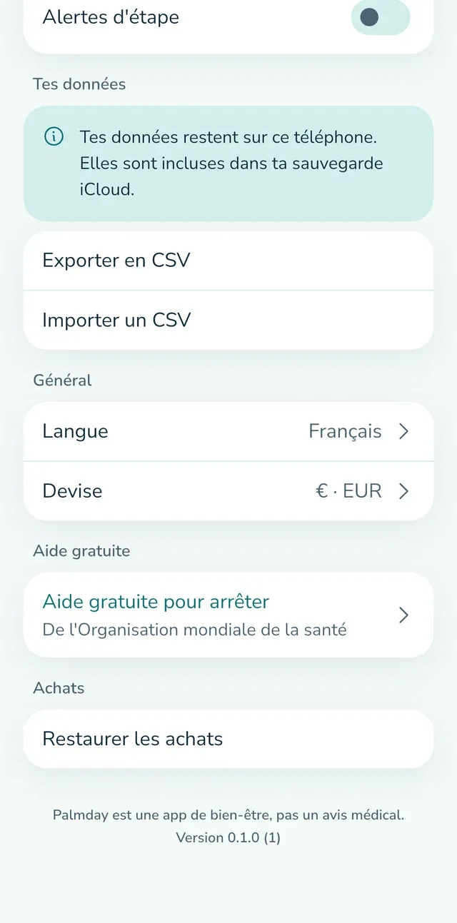 Réglages : tes données, export et import.