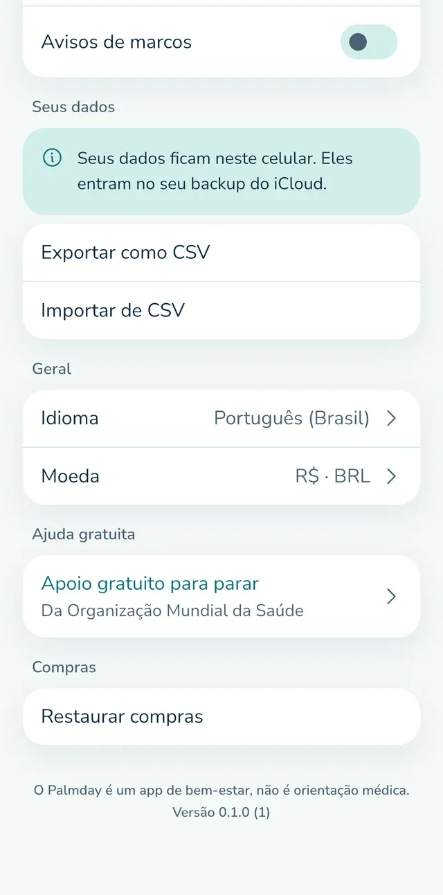 Ajustes: seus dados, exportar e importar.