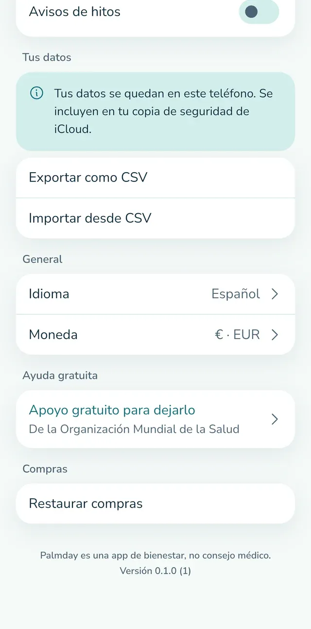 Ajustes: tus datos, exportar e importar.