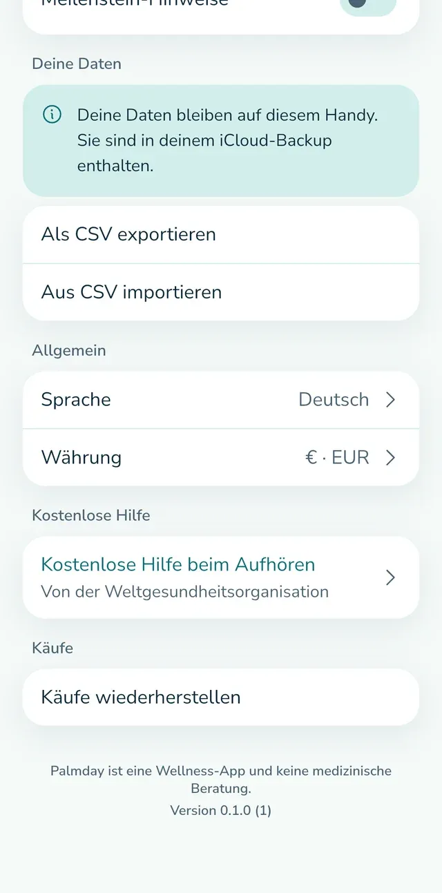 Einstellungen: deine Daten, Export und Import.