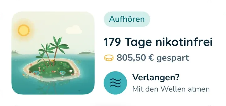 Das mittlere Widget: die Insel, 179 Tage nikotinfrei, das gesparte Geld und ein Knopf „Verlangen?“.