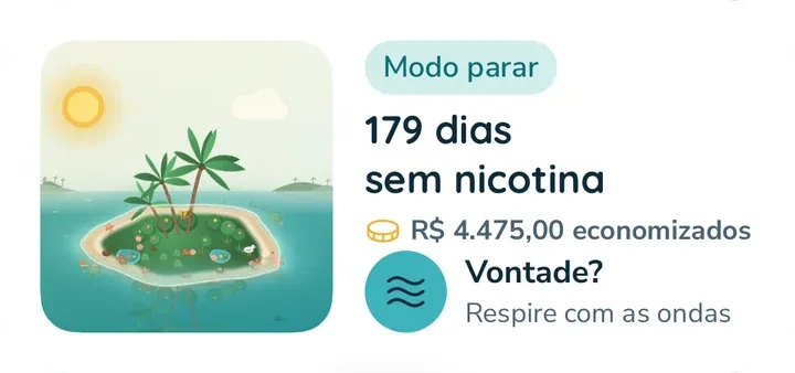 O widget médio: a ilha, 179 dias sem nicotina, o dinheiro economizado e um botão “Vontade?”.