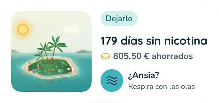 El widget mediano: la isla, 179 días sin nicotina, el dinero ahorrado y un botón «¿Ansia?».